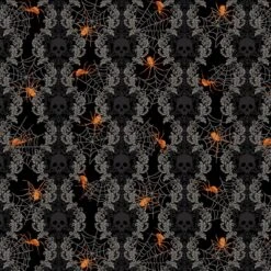 Spooky Night Black Damask Spider Stripe Fabric