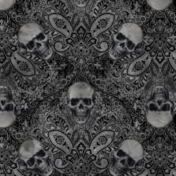 Wicked Fog Black Skull Damask Fabric