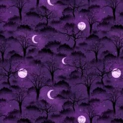 Frightful Night Purple Halloween Trees And Moons Fabric