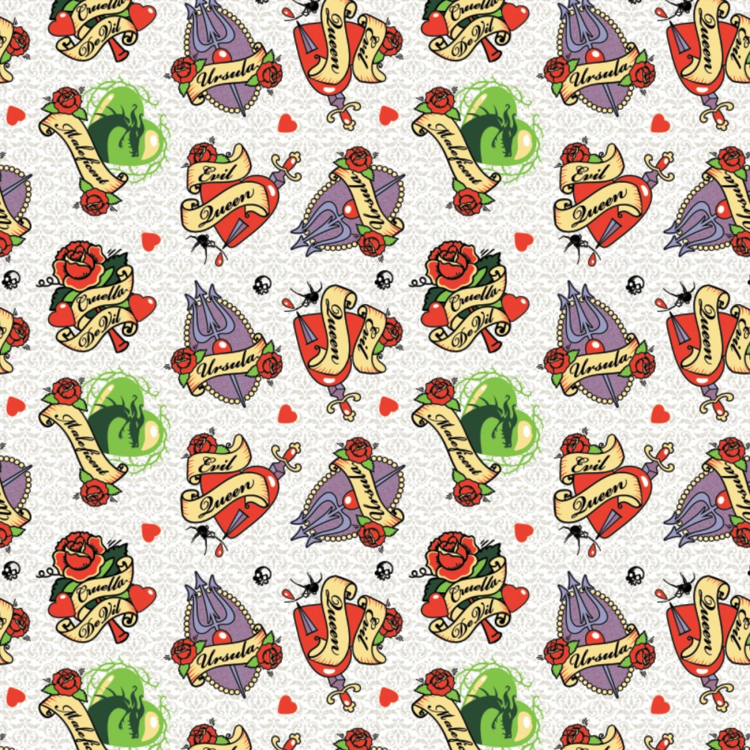 FLANNEL - Disney Villains Tattoo Badges Flannel Fabric - White 3 FLANNEL - Disney Villains Tattoo Badges Flannel Fabric - White