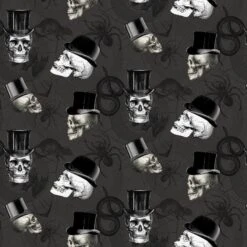 Charcoal Wicked Skulls In Top Hats Halloween Fabric